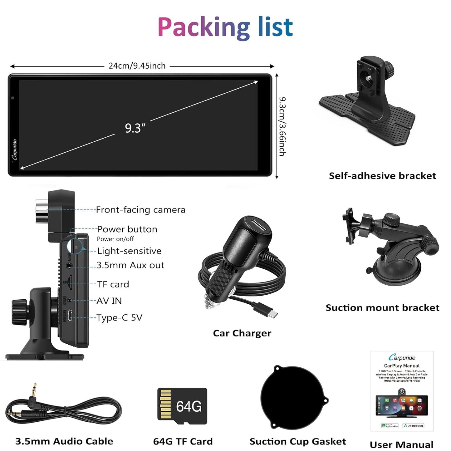 10" 2K 3-Channels Dash Cam CarPlay/AA Loop Recorder FM CarPlay , Newest Carpuride W903 Wireless Carplay Android Auto Stereo